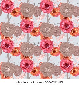 Flourish poppies pattern in line art style. Poppy flower line art. Botanical seamless vector texture. Colorful background blossoming bloomy vector. Wildflowers handcrafted artsy poppy surface design