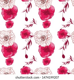 Flourish poppies pattern in line art style. Poppy flower line art. Botanical seamless vector texture. Colorful background blossoming bloomy vector. Wildflowers handcrafted artsy poppy surface design