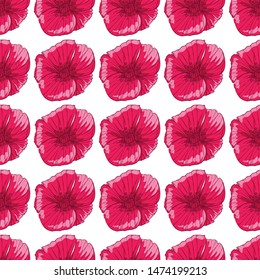 Flourish poppies pattern in line art style. Poppy flower line art. Botanical seamless vector texture. Colorful background blossoming bloomy vector. Wildflowers handcrafted artsy poppy surface design