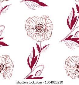 Flourish poppies pattern in line art style. Poppy flower line art. Botanical seamless vector texture. Colorful background blossoming bloomy vector. Wildflowers handcrafted artsy poppy surface design