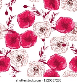 Flourish poppies pattern in line art style. Poppy flower line art. Botanical seamless vector texture. Colorful background blossoming bloomy vector. Wildflowers handcrafted artsy poppy surface design