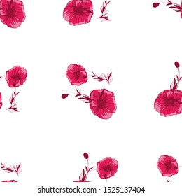 Flourish poppies pattern in line art style. Poppy flower line art. Botanical seamless vector texture. Colorful background blossoming bloomy vector. Wildflowers handcrafted artsy poppy surface design