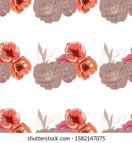 Flourish poppies pattern in line art style. Poppy flower line art. Botanical seamless vector texture. Colorful background blossoming bloomy vector. Wildflowers handcrafted artsy poppy surface design