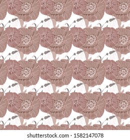 Flourish poppies pattern in line art style. Poppy flower line art. Botanical seamless vector texture. Colorful background blossoming bloomy vector. Wildflowers handcrafted artsy poppy surface design