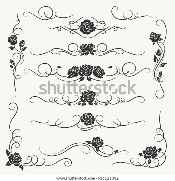 Flourish roses ornament vector illustration.\
Ornamental rose flowers and vines decorative ornaments for floral\
wedding decor isolated on\
white