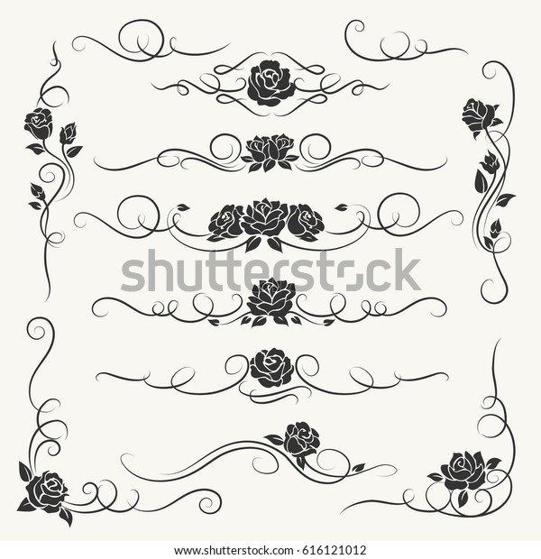 Flourish roses ornament vector illustration.
Ornamental rose flowers and vines decorative ornaments for floral
wedding decor isolated on
white