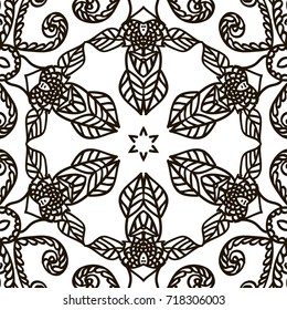 Flourish Seamless Pattern in Baroque Style. Black and White Floral Ornament. Coloring Page for Adults and Elder Children