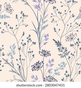 Flourish seamless pattern. Branch, flowers, leaves, grass, flowers gentle meadow texture. Floral nature summer garden textured background