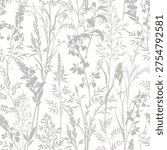 Flourish seamless pattern. Branch with leaves, grass, flowers  gentle meadow texture. Floral nature summer garden textured background