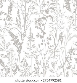Flourish seamless pattern. Branch with leaves, grass, flowers  gentle meadow texture. Floral nature summer garden textured background