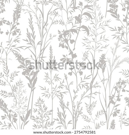 Flourish seamless pattern. Branch with leaves, grass, flowers  gentle meadow texture. Floral nature summer garden textured background