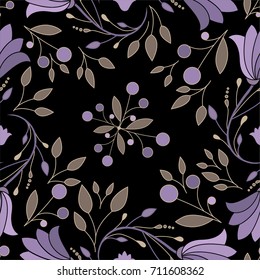 Flourish seamless texture on the black background.Pattern with lotus flowers and leaves. Vector illustration, eps 10