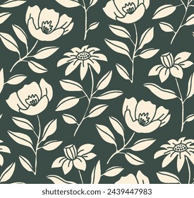 Flourish Seamless Vector Elegant Pattern with Poppies, Daffodils, Daisies, Gerbera, Spring Line Flowers