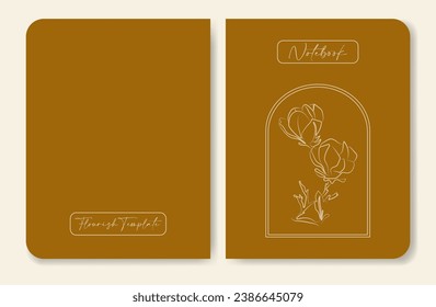 Flourish stationery notebook design. Childish design in brown color. Magnolia flower template.