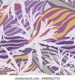 Flourish texture with flowers and leaves. Abstract seamless floral nature pattern with leaves,  lines and petals. Ornamental artistic stylish tiled organic shape background.