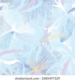 Flourish texture with line drawing snow, leaves and leaves. Abstract seamless floral nature pattern with snowflakes,  lines and petals. Ornamental artistic stylish tiled winter season background.