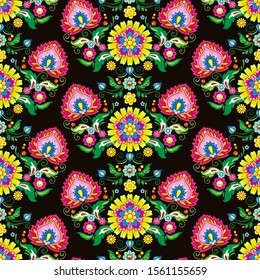 Flourish tiled folk pattern. Retro seamless colorful background. Elegance floral vector illustration for your design. Beautiful ethnic wallpaper in vintage style with spring flowers