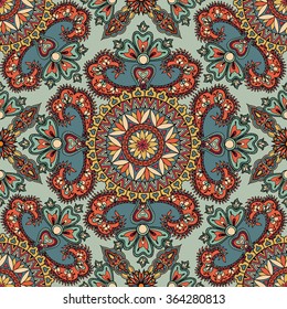 Flourish tiled pattern. Abstract floral geometric seamless oriental background. Fantastic flowers and leaves. Wonderland motives of the paintings of arabic mandala. Indian fabric pattern.