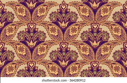 Flourish tiled pattern. Abstract floral geometric seamless oriental background. Fantastic flowers and leaves. Wonderland motives of the paintings of arabic mandala. Indian fabric pattern.