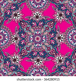 Flourish tiled pattern. Abstract floral geometric seamless oriental background. Fantastic flowers and leaves. Wonderland motives of the paintings of arabic mandala. Indian fabric pattern.