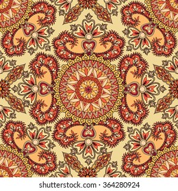 Flourish tiled pattern. Abstract floral geometric seamless oriental background. Fantastic flowers and leaves. Wonderland motives of the paintings of arabic mandala. Indian fabric pattern.
