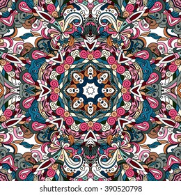 Flourish tiled pattern. Abstract floral geometric seamless oriental background. Fantastic flowers and leaves. Wonderland asian motives of the paintings of arabic mandala. Indian fabric pattern.