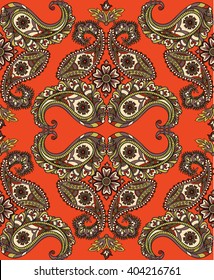 Flourish tiled pattern. Abstract floral geometric seamless oriental background. Fantastic flowers and leaves. Wonderland motives of the paintings of arabic mandala. Indian fabric pattern.