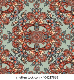 Flourish tiled pattern. Abstract floral geometric seamless oriental background. Fantastic flowers and leaves. Wonderland motives of the paintings of arabic mandala. Indian fabric pattern.