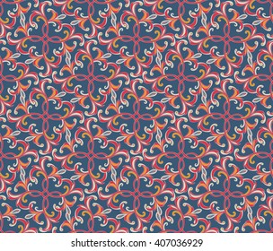 Flourish tiled pattern. Abstract floral geometric seamless oriental background. Fantastic flowers and leaves. Wonderland motives of the paintings of arabic mandala. Indian fabric pattern.