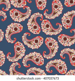 Flourish tiled pattern. Abstract floral geometric seamless oriental background. Fantastic flowers and leaves. Wonderland motives of the paintings of Arabic mandala. Indian fabric pattern.