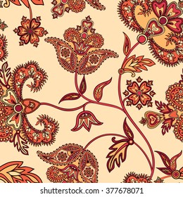 Flourish tiled pattern. Floral oriental ethnic  background. Arabic ornament with fantastic flowers and leaves. Wonderland motives of the paintings of ancient Indian fabric patterns.