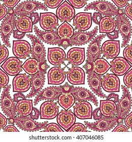 Flourish tiled pattern. Floral oriental ethnic background. Arabic ornament with fantastic flowers and leaves. Wonderland motives of the paintings of ancient Indian fabric patterns.