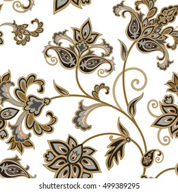 Flourish tiled pattern. Floral oriental ethnic background. Arabic ornament with fantastic flowers and leaves. Wonderland motives of vintage stylish Indian fabric patterns.