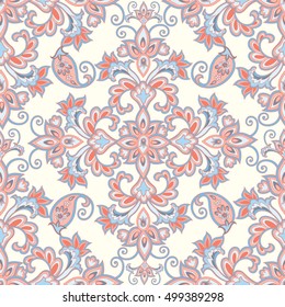 Flourish tiled pattern. Floral oriental ethnic background. Arabic ornament with fantastic flowers and leaves. Wonderland motives of the paintings of ancient Indian fabric patterns.