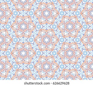 Flourish tiled pattern. Floral oriental ethnic background. Arabic ornament with fantastic flowers and leaves. Wonderland motives of the paintings of ancient Indian fabric patterns.