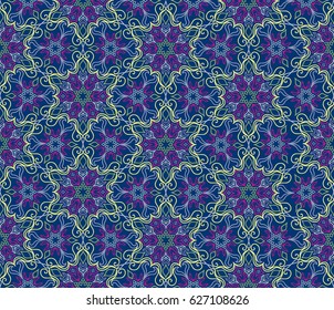 Flourish tiled pattern. Floral oriental ethnic background. Arabic ornament with fantastic flowers and leaves. Wonderland motives of the paintings of ancient Indian fabric patterns.