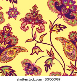 Flourish tiled pattern. Floral retro background. Curved tree branch with fantastic flowers, leaves and berries. Wonderland motives of the paintings of ancient Indian fabric patterns.