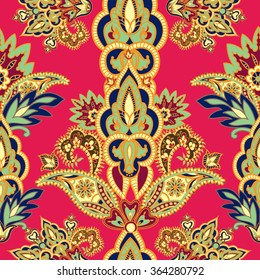 Flourish tiled pattern. Floral retro background. Curved tree branch with fantastic flowers, leaves and berries. Wonderland motives of the paintings of ancient Indian fabric patterns.