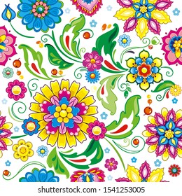 Flourish tiled pattern. Retro seamless colorful background. Elegance floral vector illustration for your design. Beautiful summer wallpaper in vintage style with spring flowers