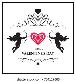 Flourish Valentine's day card with cupids. Valentine's day logo, symbol, sign, icon. 