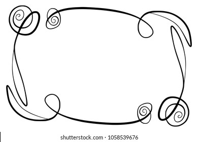 Flourish Vector Frame. Rectangle with squiggles, twirls and embellishments for image and text elements. Hand drawn black highlighting curlicue border isolated on the white background. Doodle effect