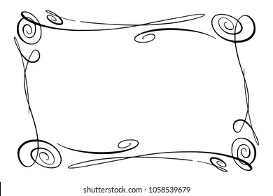 Flourish Vector Frame. Rectangle with squiggles, twirls and embellishments for image and text elements. Hand drawn black highlighting curlicue border isolated on the white background. Doodle effect