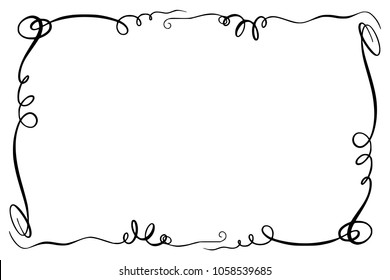 Flourish Vector Frame. Rectangle with squiggles, twirls and embellishments for image and text elements. Hand drawn black highlighting curlicue border isolated on the white background. Doodle effect