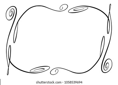 Flourish Vector Frame. Rectangle with squiggles, twirls and embellishments for image and text elements. Hand drawn black highlighting curlicue border isolated on the white background. Doodle effect