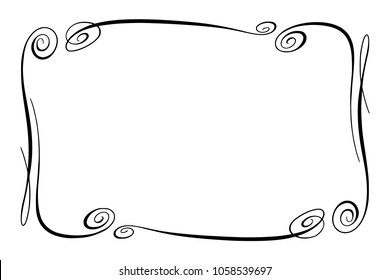 Flourish Vector Frame. Rectangle with squiggles, twirls and embellishments for image and text elements. Hand drawn black highlighting curlicue border isolated on the white background. Doodle effect