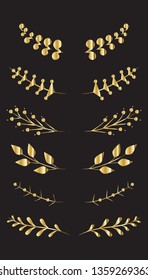 Flourish vector ornaments set isolated on black background. Hand drawn of gold dividers.Decorative flourish ornaments for frame,border,menu card and calligraphic design elements. Vector illustration