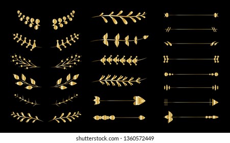 Flourish vector ornaments set isolated on black background. Hand drawn of gold dividers.Decorative flourish ornaments for frame,border,menu card and calligraphic design elements. Vector illustration