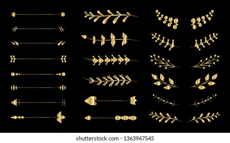 Flourish vector ornaments set isolated on black background. Hand drawn of gold dividers.Decorative flourish ornaments for frame,border,menu card and calligraphic design elements. Vector illustration