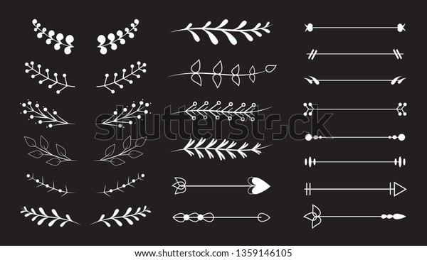 Flourish vector ornaments set isolated on\
black background. Hand drawn of rustic dividers.Decorative flourish\
ornaments for frame,border,menu card and calligraphic design\
elements. Vector\
illustration