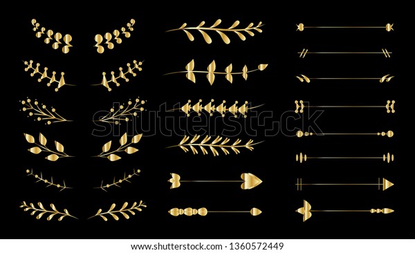 Flourish vector ornaments set isolated on\
black background. Hand drawn of gold dividers.Decorative flourish\
ornaments for frame,border,menu card and calligraphic design\
elements. Vector\
illustration